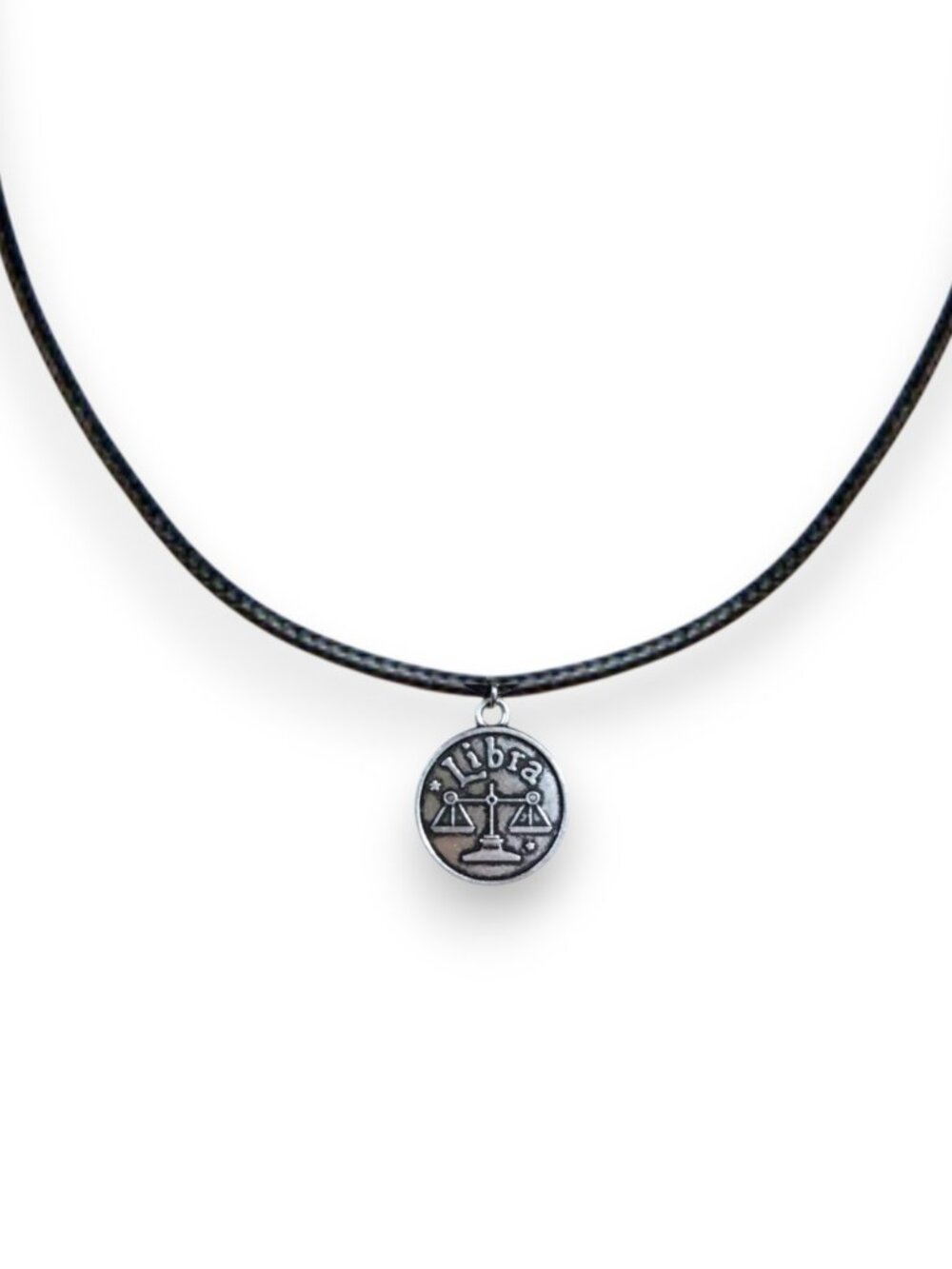 Libra Silver Coin Pendant Zodiac Charms Black Cord Necklace Medallion